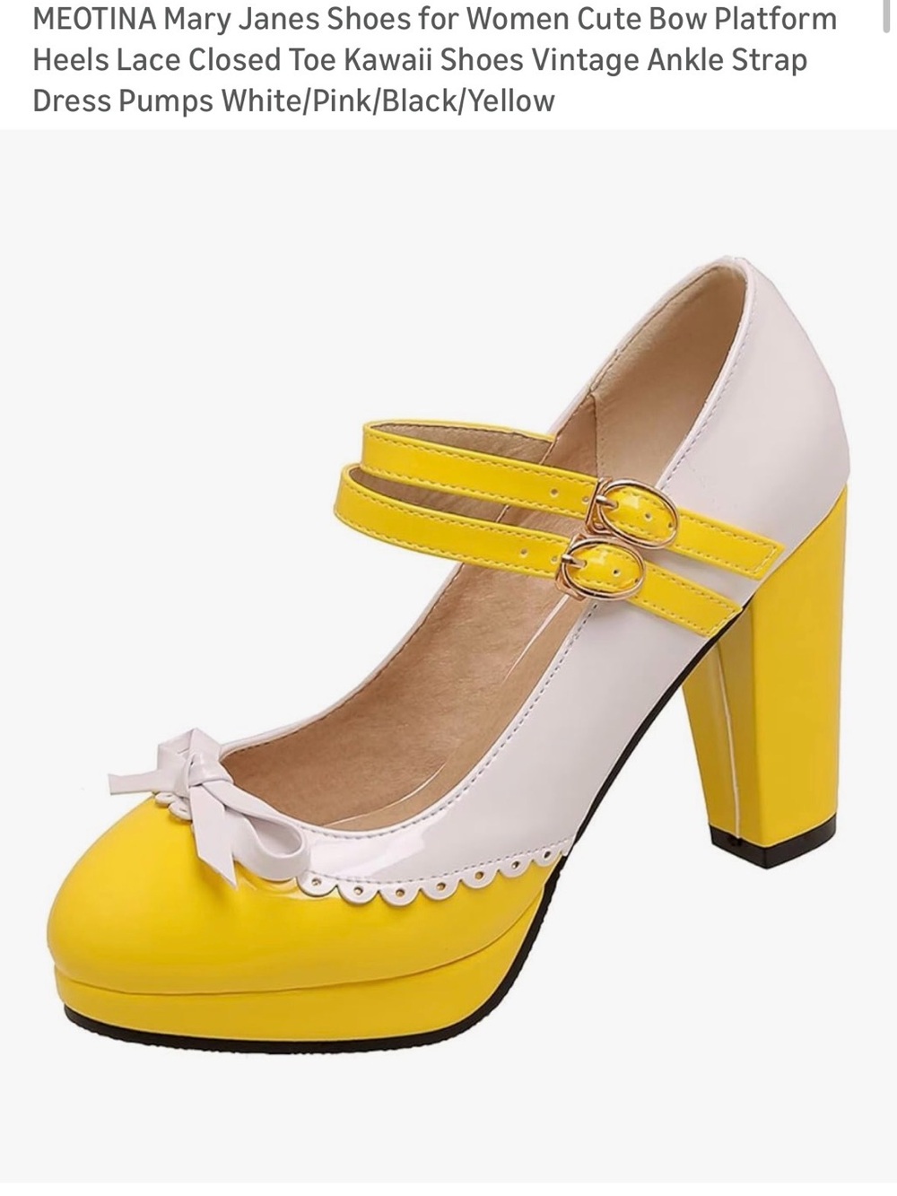 Women's Yellow & White Mary Jane Heeled Pumps